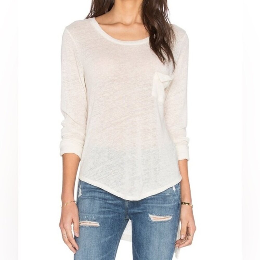 LNA Women's T-shirt Long Sleeve Torn Pocket Tee Top Linen Cream Ivory Small